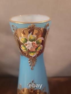 Rare Vintage Murano Glass Vase Handpainted Floral Robin's Egg Blue