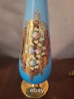 Rare Vintage Murano Glass Vase Handpainted Floral Robin's Egg Blue