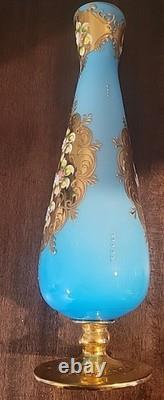 Rare Vintage Murano Glass Vase Handpainted Floral Robin's Egg Blue