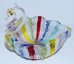 Rare Vintage Murano Italian Art Glass Latticino Ribbon Rainbow Swan Dish/bowl