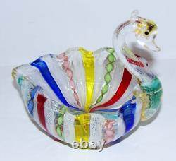 Rare Vintage Murano Italian Art Glass Latticino Ribbon Rainbow Swan Dish/bowl