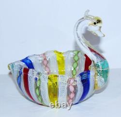 Rare Vintage Murano Italian Art Glass Latticino Ribbon Rainbow Swan Dish/bowl