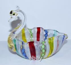Rare Vintage Murano Italian Art Glass Latticino Ribbon Rainbow Swan Dish/bowl