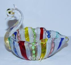 Rare Vintage Murano Italian Art Glass Latticino Ribbon Rainbow Swan Dish/bowl