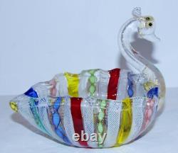 Rare Vintage Murano Italian Art Glass Latticino Ribbon Rainbow Swan Dish/bowl