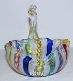 Rare Vintage Murano Italian Art Glass Latticino Ribbon Rainbow Swan Dish/bowl