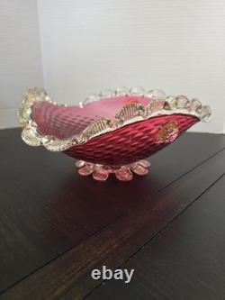 Rare Vintage Murano Seguso Art Glass Bowl Ruby Red & Gold Hand Blown Italy