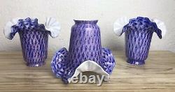 Rare Vintage Set Cased Murano Glass Light Shades Blue Purple Lattice Italian