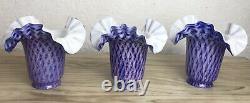 Rare Vintage Set Cased Murano Glass Light Shades Blue Purple Lattice Italian