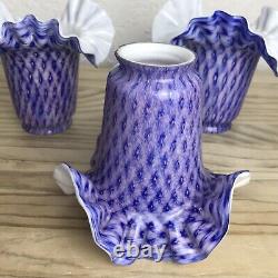 Rare Vintage Set Cased Murano Glass Light Shades Blue Purple Lattice Italian