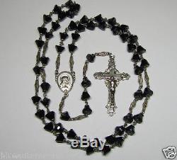 Rare Vintage Sterling Etched Links Murano Black Gumdrop Glass Rosary 22 1/4