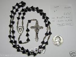 Rare Vintage Sterling Etched Links Murano Black Gumdrop Glass Rosary 22 1/4