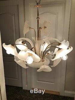 Rare XL Vintage Vetreria Murano Glass Sculptural Chandelier AMAZING Gold & White