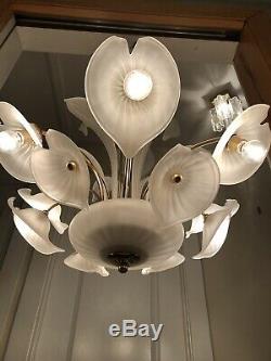 Rare XL Vintage Vetreria Murano Glass Sculptural Chandelier AMAZING Gold & White