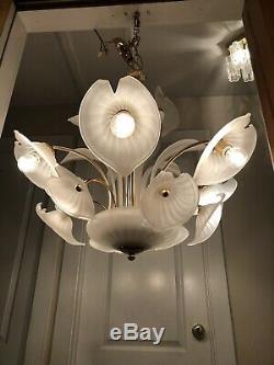 Rare XL Vintage Vetreria Murano Glass Sculptural Chandelier AMAZING Gold & White