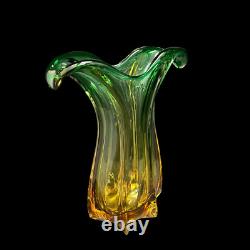 SALE! Vintage Two Tone Green Over Amber Murano Glass Vase Mcm