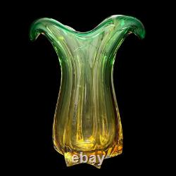 SALE! Vintage Two Tone Green Over Amber Murano Glass Vase Mcm