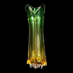 SALE! Vintage Two Tone Green Over Amber Murano Glass Vase Mcm