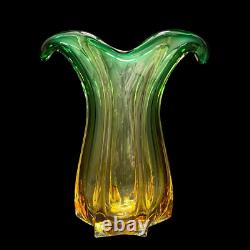 SALE! Vintage Two Tone Green Over Amber Murano Glass Vase Mcm
