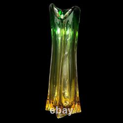 SALE! Vintage Two Tone Green Over Amber Murano Glass Vase Mcm