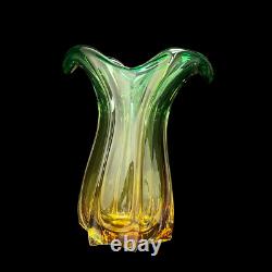 SALE! Vintage Two Tone Green Over Amber Murano Glass Vase Mcm