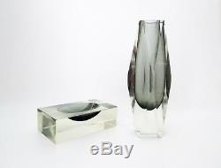 SET Vtg Mid Century Murano Sommerso Mandruzzato Faceted Vase Ashtray Smoke Glass
