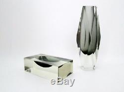 SET Vtg Mid Century Murano Sommerso Mandruzzato Faceted Vase Ashtray Smoke Glass