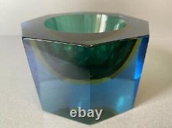 SUPERB Vintage Murano Sommerso Blue Amber Green Octagonal Glass Bowl Flavio Poli