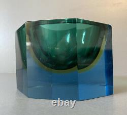 SUPERB Vintage Murano Sommerso Blue Amber Green Octagonal Glass Bowl Flavio Poli