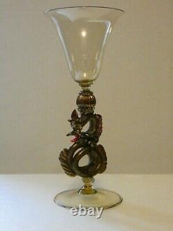 Salviati Sea Serpent 9 Wine Glass, Venetian Murano, applied gold, vintage, tint