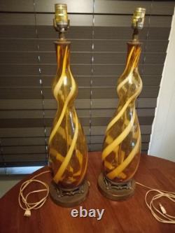Set Of 2 Vintage MCM Murano Possible Butterscotch Swirl Amber Glass Lamps
