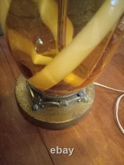 Set Of 2 Vintage MCM Murano Possible Butterscotch Swirl Amber Glass Lamps