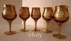 Set Of 5 Vintage Murano Venetian Ruby Red Hand Painted Wine Glass Goblet