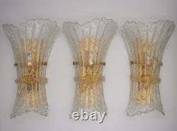 Set of Three Vintage Murano Glass and Brass Wall Sconce, 1970