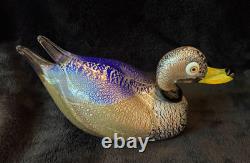 Signed Formia Murano Glass Duck Figurine Cobalt Blue Silver Adventurine Vintage