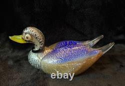 Signed Formia Murano Glass Duck Figurine Cobalt Blue Silver Adventurine Vintage