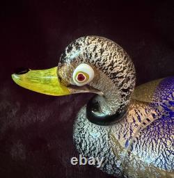 Signed Formia Murano Glass Duck Figurine Cobalt Blue Silver Adventurine Vintage
