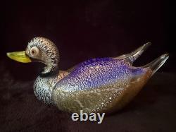 Signed Formia Murano Glass Duck Figurine Cobalt Blue Silver Adventurine Vintage