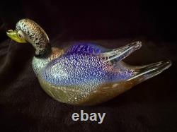 Signed Formia Murano Glass Duck Figurine Cobalt Blue Silver Adventurine Vintage