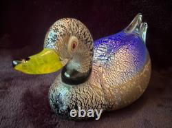 Signed Formia Murano Glass Duck Figurine Cobalt Blue Silver Adventurine Vintage