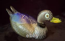 Signed Formia Murano Glass Duck Figurine Cobalt Blue Silver Adventurine Vintage