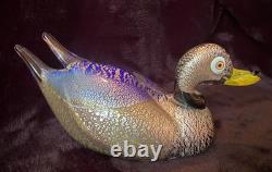 Signed Formia Murano Glass Duck Figurine Cobalt Blue Silver Adventurine Vintage