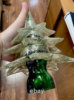 Signed Vintage Murano Glass Christmas Tee Green With Gold And Silver Flakes 9