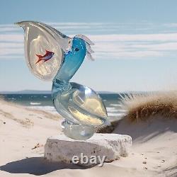 Signed Vintage Oggetti Murano Art Glass Pelican with Fish Italy Attr Elio Raffaeli