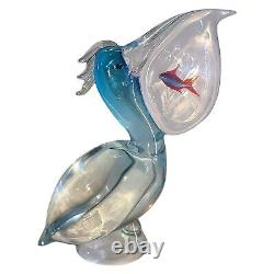 Signed Vintage Oggetti Murano Art Glass Pelican with Fish Italy Attr Elio Raffaeli