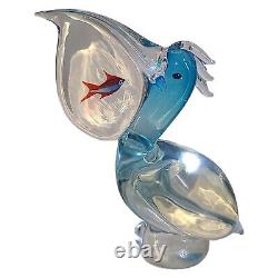 Signed Vintage Oggetti Murano Art Glass Pelican with Fish Italy Attr Elio Raffaeli