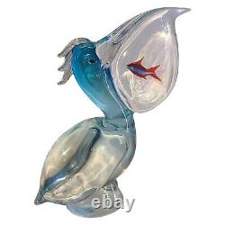 Signed Vintage Oggetti Murano Art Glass Pelican with Fish Italy Attr Elio Raffaeli