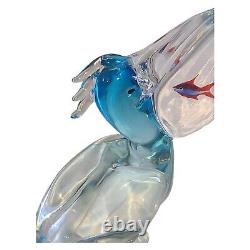 Signed Vintage Oggetti Murano Art Glass Pelican with Fish Italy Attr Elio Raffaeli