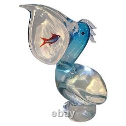 Signed Vintage Oggetti Murano Art Glass Pelican with Fish Italy Attr Elio Raffaeli