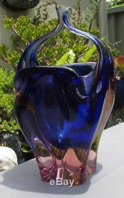 Stunning Heavy Vintage Murano Art Glass Basket Vase Cobalt Blue & Pink